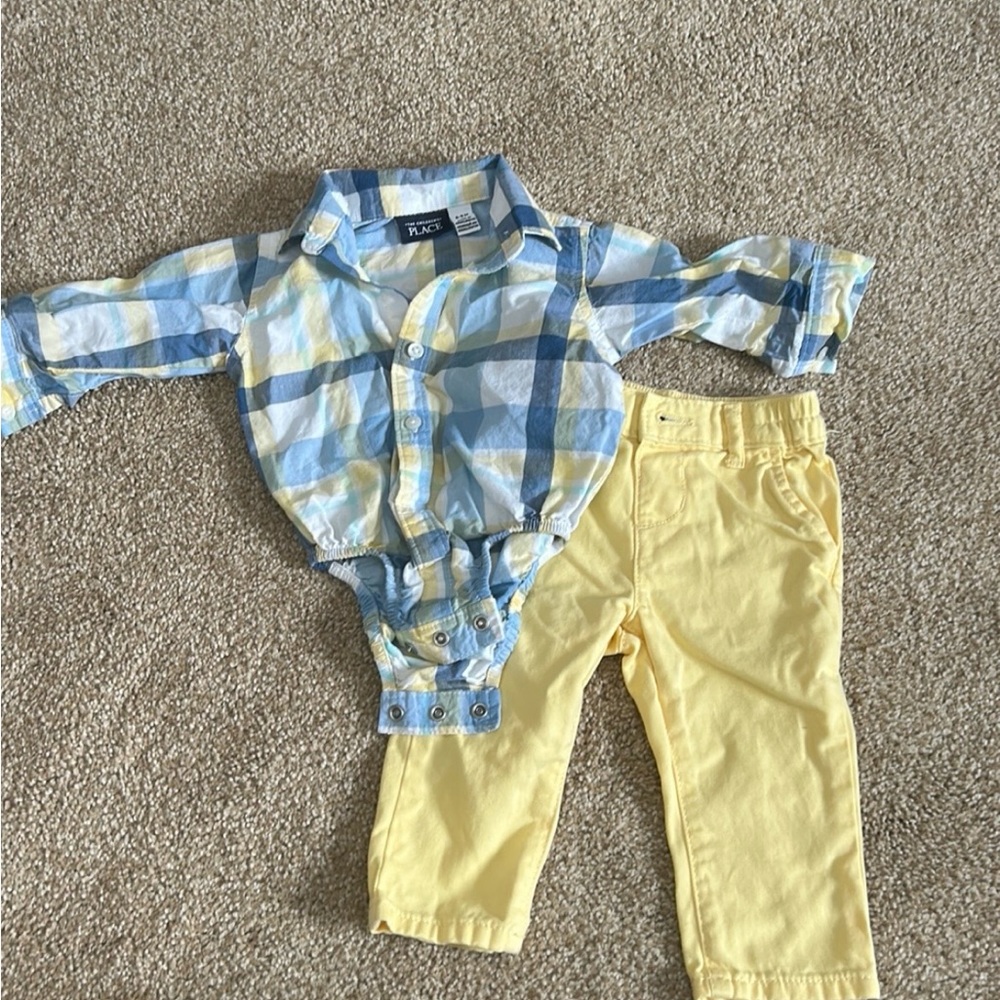 Children's Place Easter Blue and Yellow Plaid Button Down Shirt w/Yellow Pants.